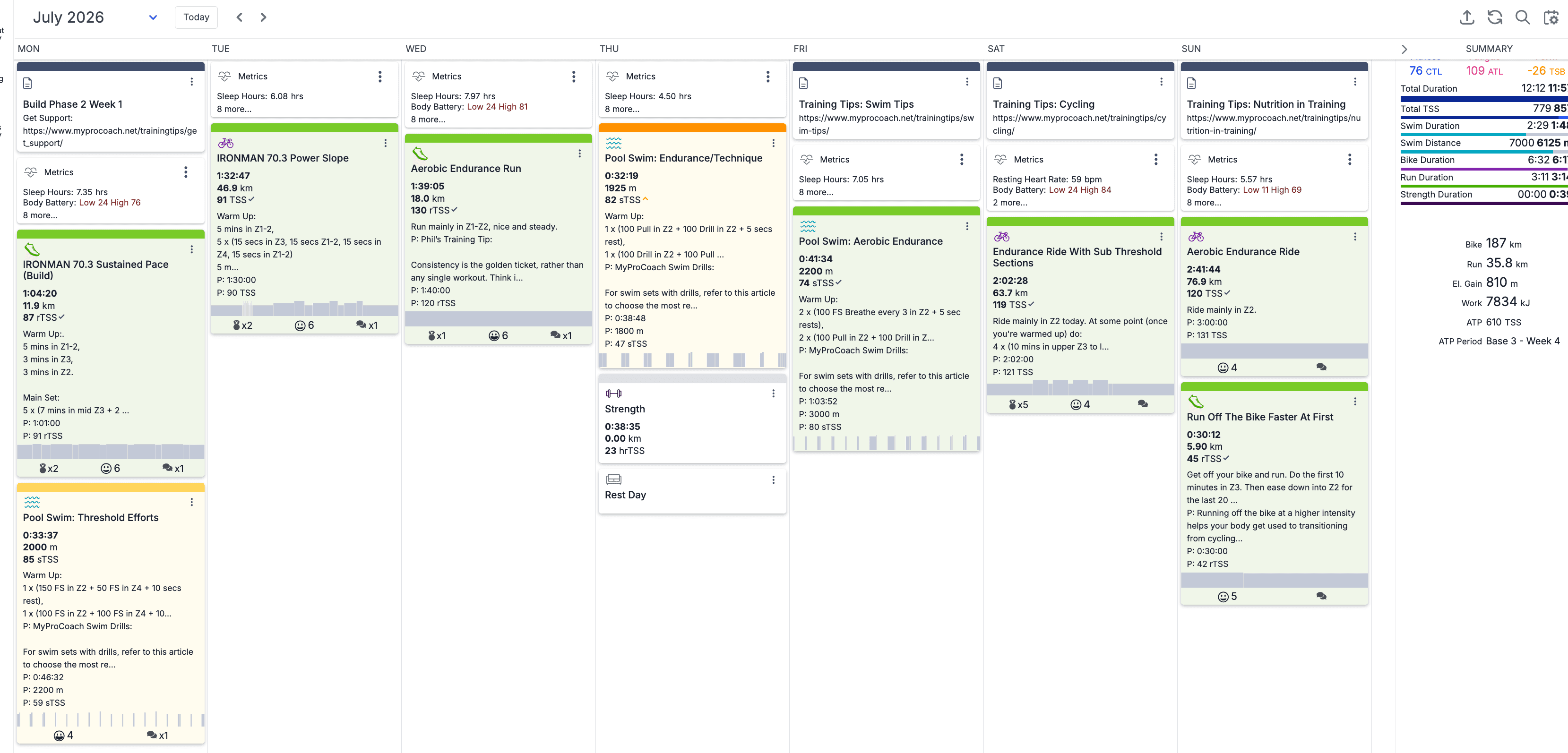 TrainingPeaks calendar view of Lucas Calegari's week of June 29, 2026, showing planned and completed swim, bike, run, and strength workouts from My Pro Coach's Advanced Half-Distance Training plan